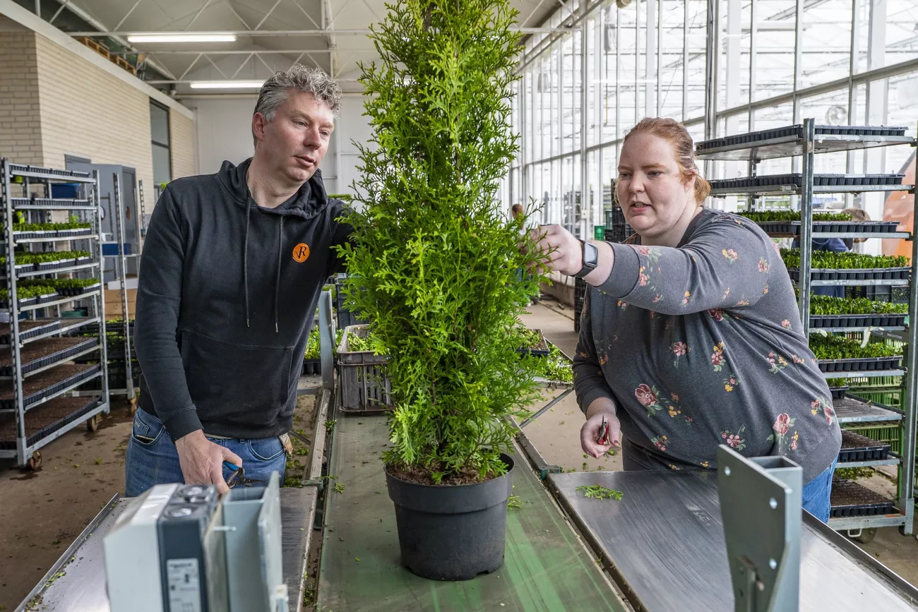 Een man en vrouw kijken beiden naar de groei van een plant in een kwekerij